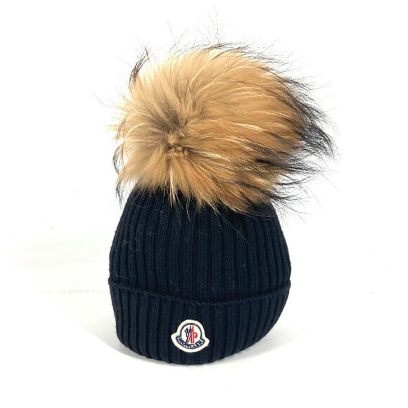 MONCLER Logo pom-pom fur beanie hat knit hat knit cap Knit hat wool Black - Picture 1 of 16
